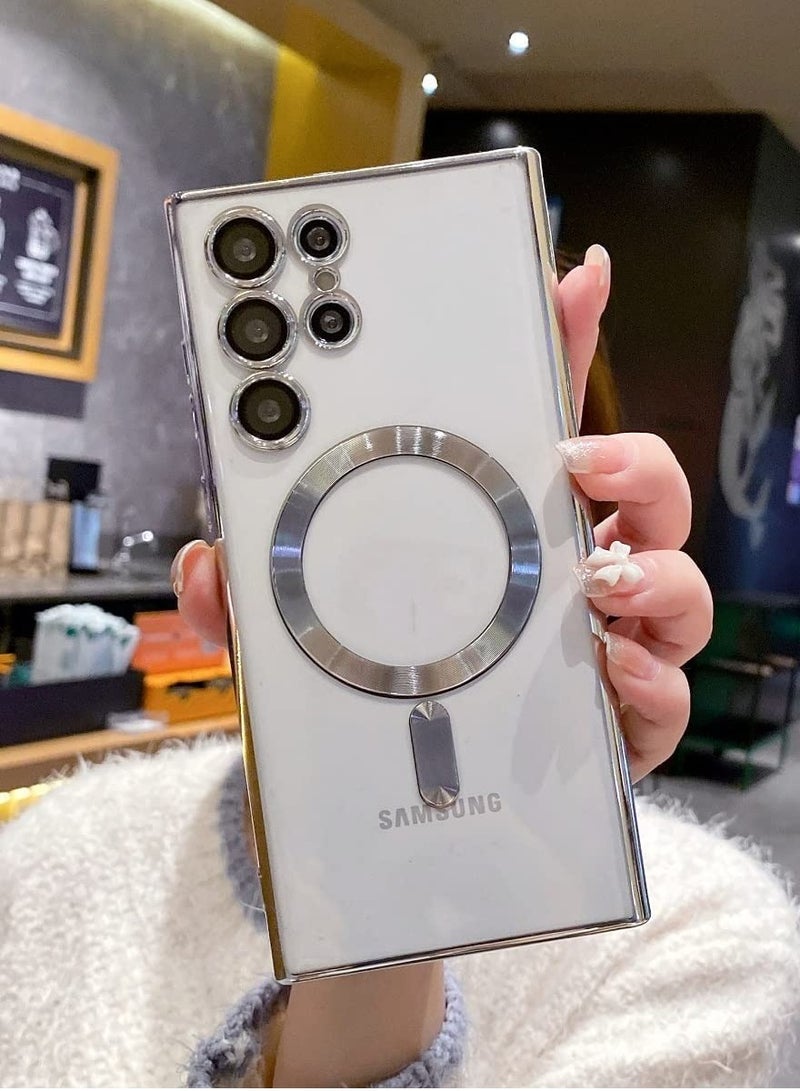 ELTRAZONE for Samsung Galaxy S23 Ultra Case Magnetic Clear with Camera Lens Protector Full Protection MagSafe Electroplated Silicone Slim Fit Shockproof Protective Case Cover - Silver - Image 2