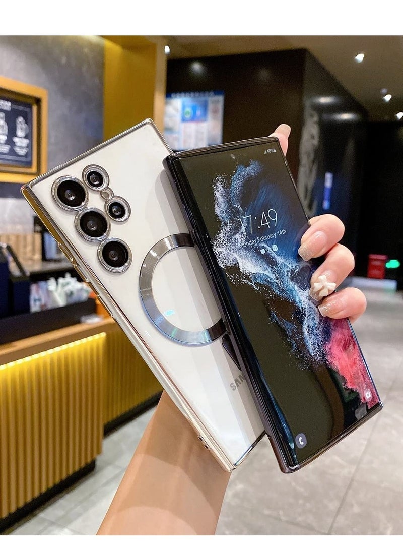 ELTRAZONE for Samsung Galaxy S23 Ultra Case Magnetic Clear with Camera Lens Protector Full Protection MagSafe Electroplated Silicone Slim Fit Shockproof Protective Case Cover - Silver - Image 5