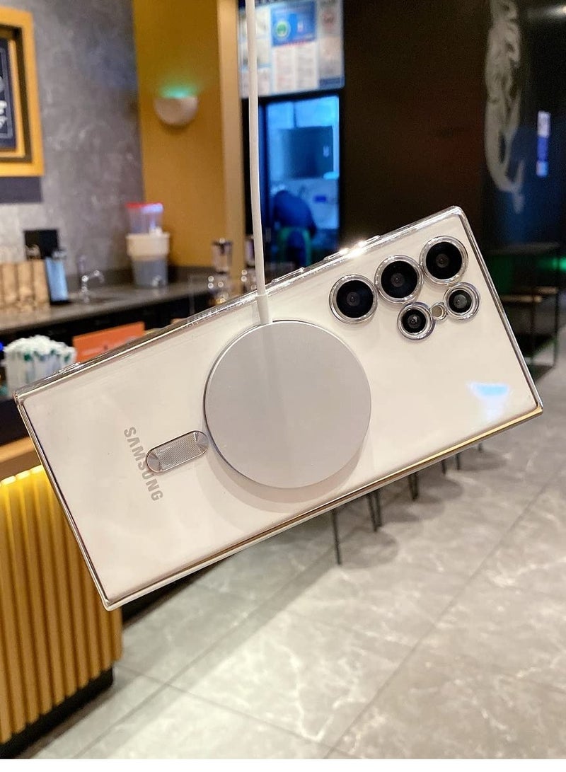 ELTRAZONE for Samsung Galaxy S23 Ultra Case Magnetic Clear with Camera Lens Protector Full Protection MagSafe Electroplated Silicone Slim Fit Shockproof Protective Case Cover - Silver - Image 3