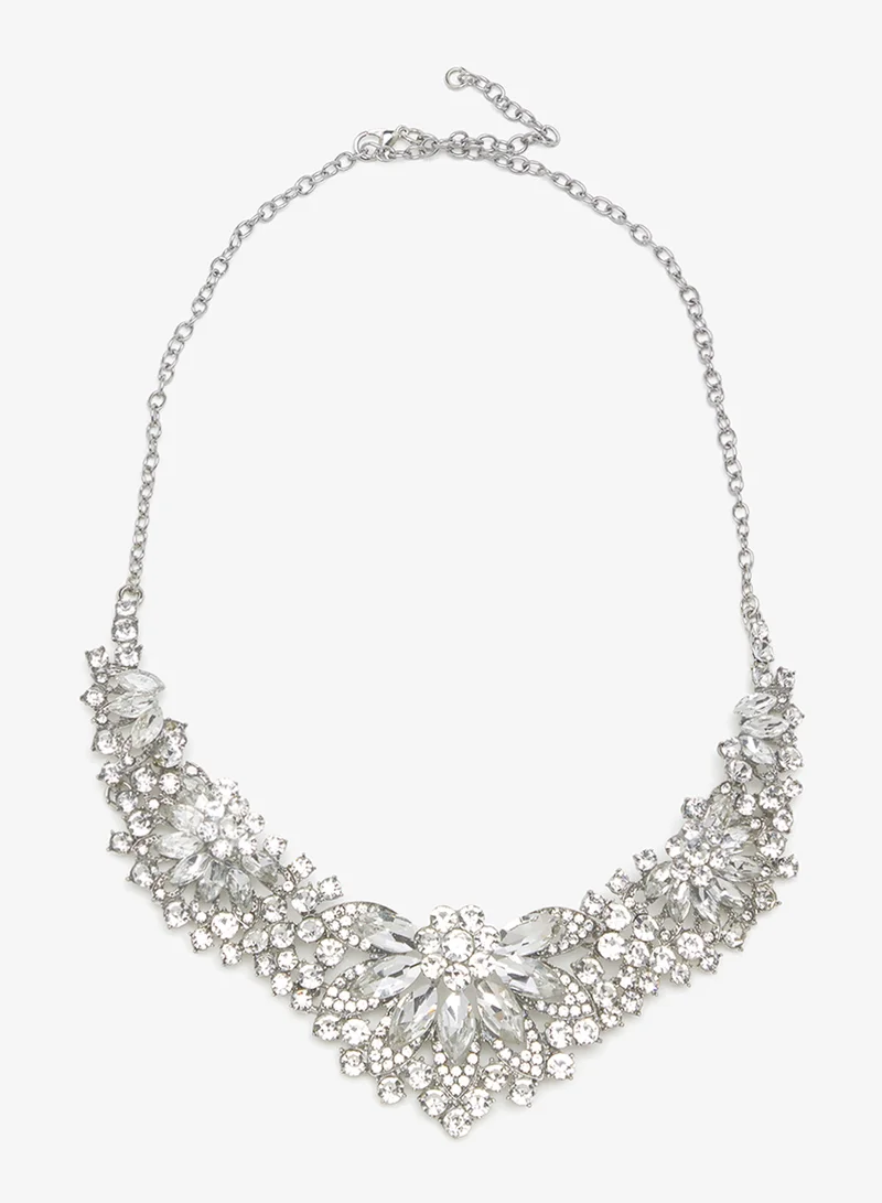 Khizana Silver Diamonte Rhinestone Drop Down Jewelry Set Necklace Earrings