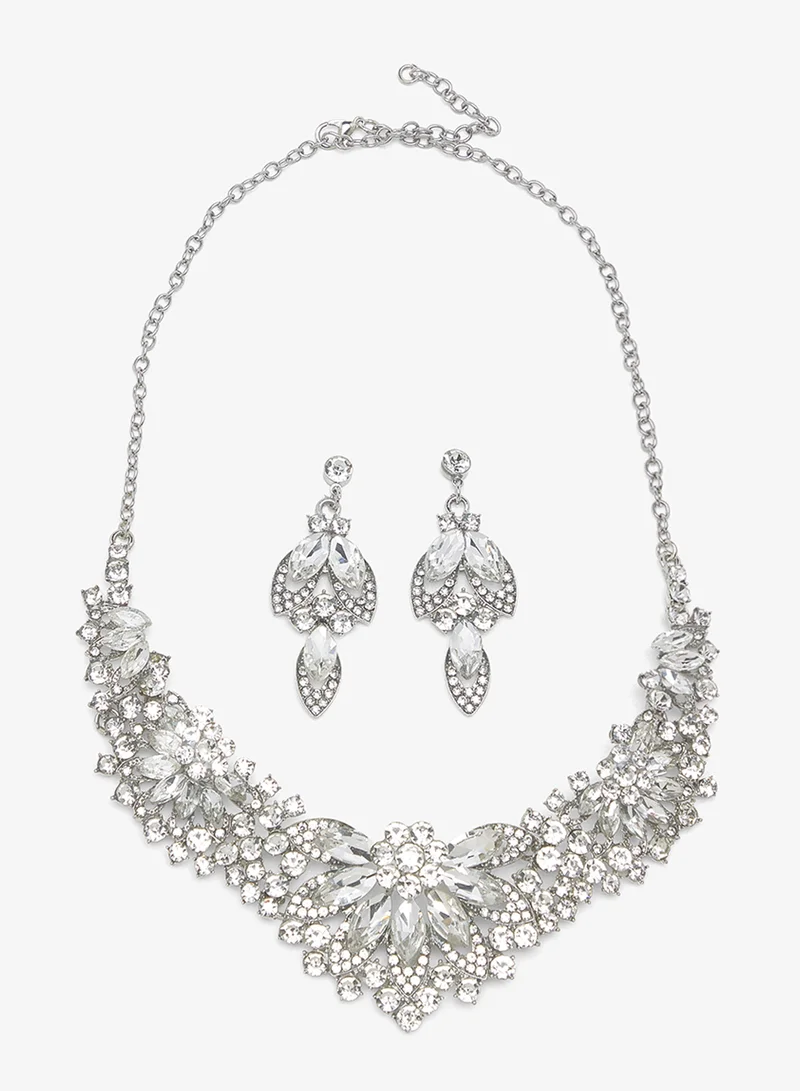 Khizana Silver Diamonte Rhinestone Drop Down Jewelry Set Necklace Earrings