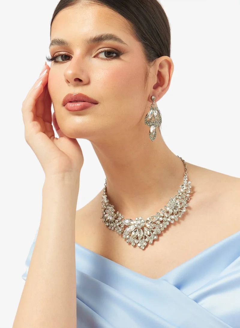 Khizana Silver Diamonte Rhinestone Drop Down Jewelry Set Necklace Earrings
