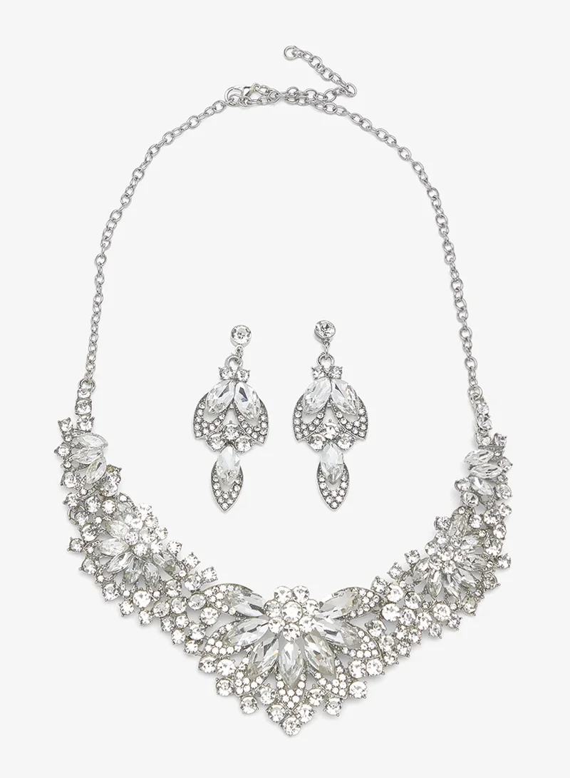 Khizana Silver Diamonte Rhinestone Drop Down Jewelry Set Necklace Earrings