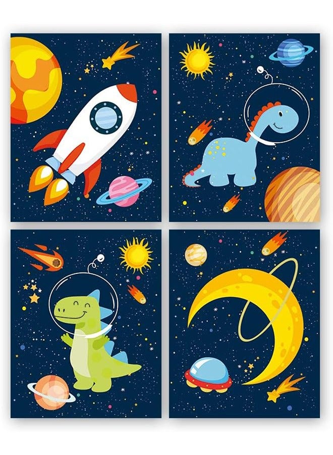 اتش واي ديناصور الفضاء الخارجي الفن الطباعة، النظام الشمسي كوكب قماش ملصق، مجموعة من 4 (8X10inch، غير مؤطر) رائد فضاء جدار الفن لديكور غرفة الطفل - Image 1