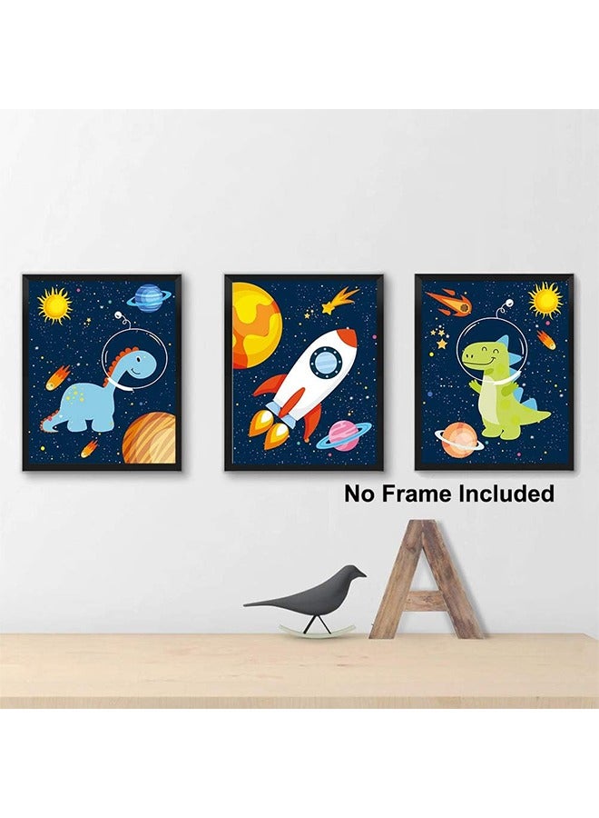 اتش واي ديناصور الفضاء الخارجي الفن الطباعة، النظام الشمسي كوكب قماش ملصق، مجموعة من 4 (8X10inch، غير مؤطر) رائد فضاء جدار الفن لديكور غرفة الطفل - Image 3