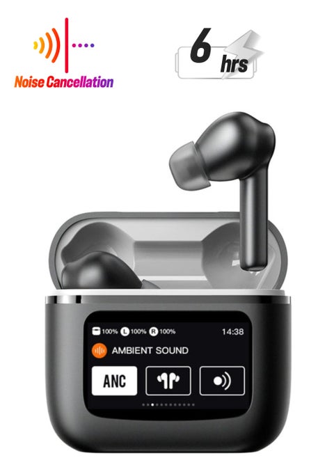 TouchWave ANC Earbuds, Built in Touch Control Display, 500 mAh Charging Case Battery, 6 hours Playtime, IPX5 Waterproof, 15-20 Meters Bluetooth Range, 5.3 Bluetooth Version, 13mm Driver Size - Black