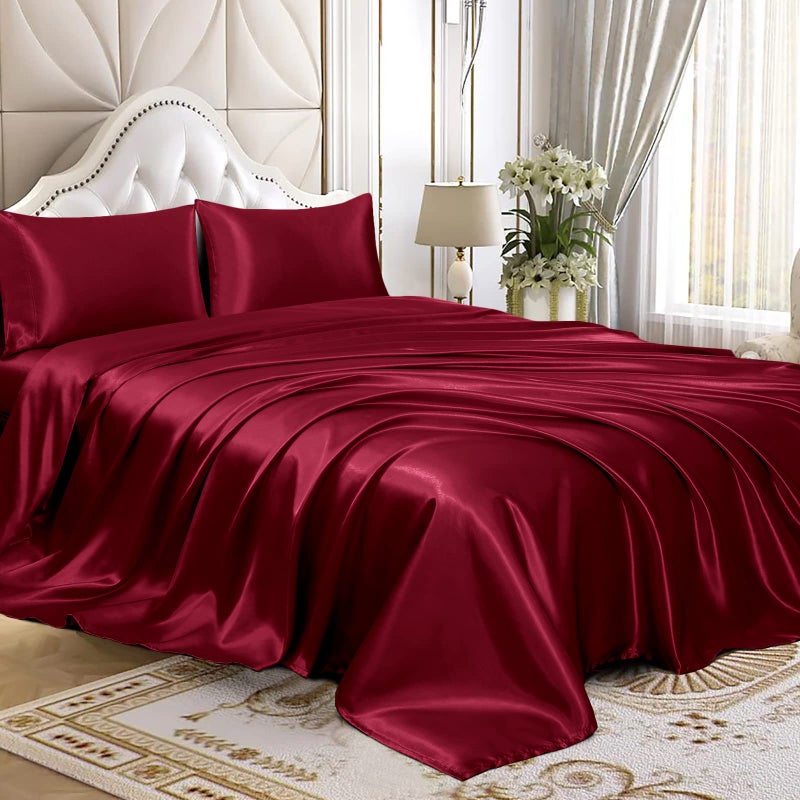 Homiest 4pcs Satin Sheets Set Luxury Silky Satin Bedding Set with Deep Pocket 1 Fitted Sheet  1 Flat Sheet  2 Pillowcases Queen Size Burgundy