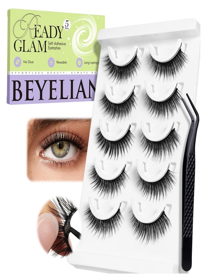 BEYELIAN Self Adhesive Eyelashes Natural Pre-glued Lashes No Glue Needed Lashes Cat Eye Lashes Faux Mink Eyelashes Reusable Self Adhesive Lashes 5 Pairs (HX39) - Image 1