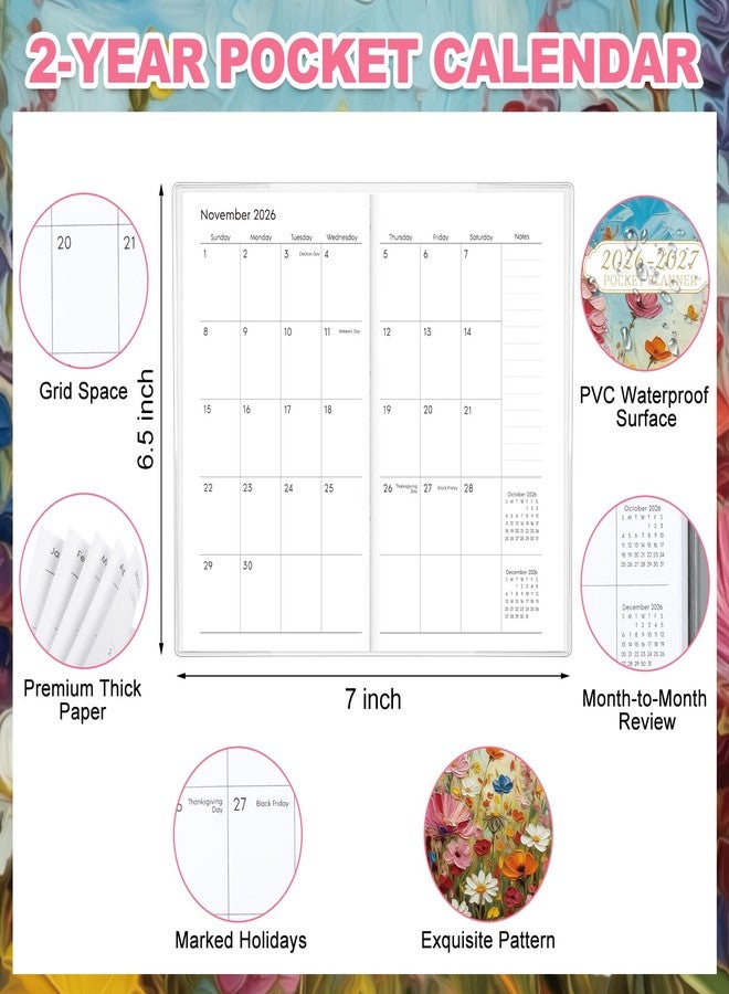 ReliThick 2026-2027 Pocket Calendar for Purse Small Monthly Planner for Women Handy Weekly Pocket Planner Oil Painting Wildflower Journal Notebook Christmas New Year Gift Sister Friends Women - Image 2