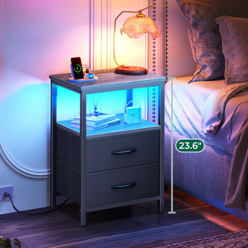 Huuger Night Stand with Charger Station and LED Lights, 2 Drawer Nightstand, Bed Side Table with Open Shelf, End Table, Fabric Dresser for Bedroom, Grey - Image 2