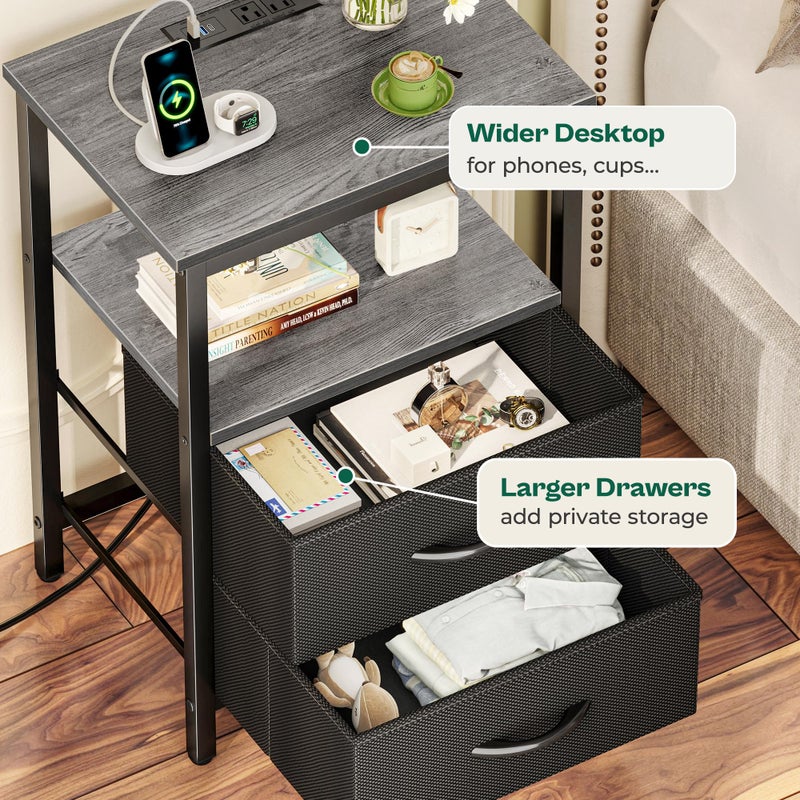 Huuger Night Stand with Charger Station and LED Lights, 2 Drawer Nightstand, Bed Side Table with Open Shelf, End Table, Fabric Dresser for Bedroom, Grey - Image 5