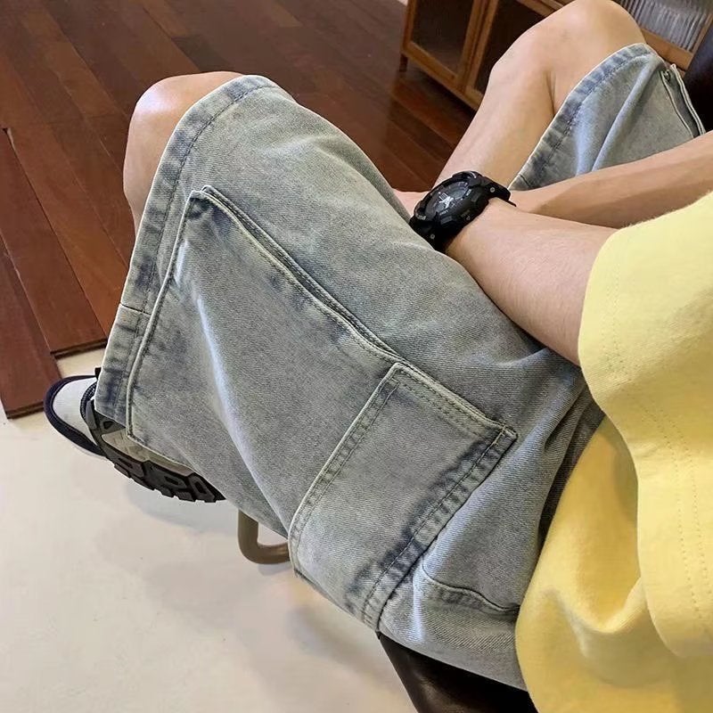 Blue Denim Shorts Men'S Summer Thin Hong Kong Wind Loose Pocket Washed Five Casual Pants Tide A Generation Of Hair - Image 4