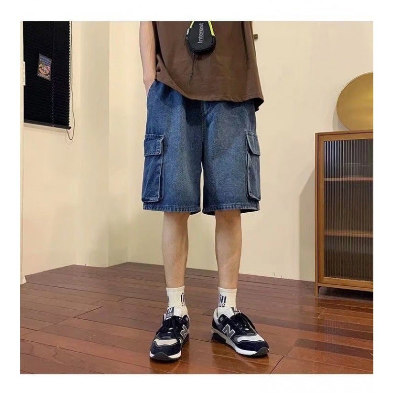 Blue Denim Shorts Men'S Summer Thin Hong Kong Wind Loose Pocket Washed Five Casual Pants Tide A Generation Of Hair - Image 1