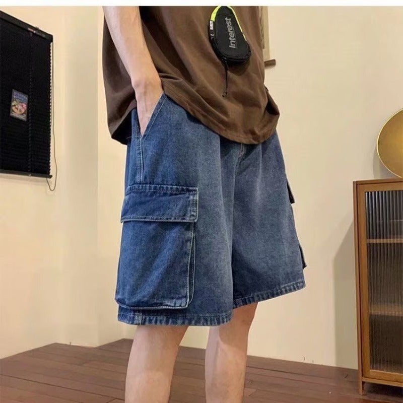 Blue Denim Shorts Men'S Summer Thin Hong Kong Wind Loose Pocket Washed Five Casual Pants Tide A Generation Of Hair - Image 3