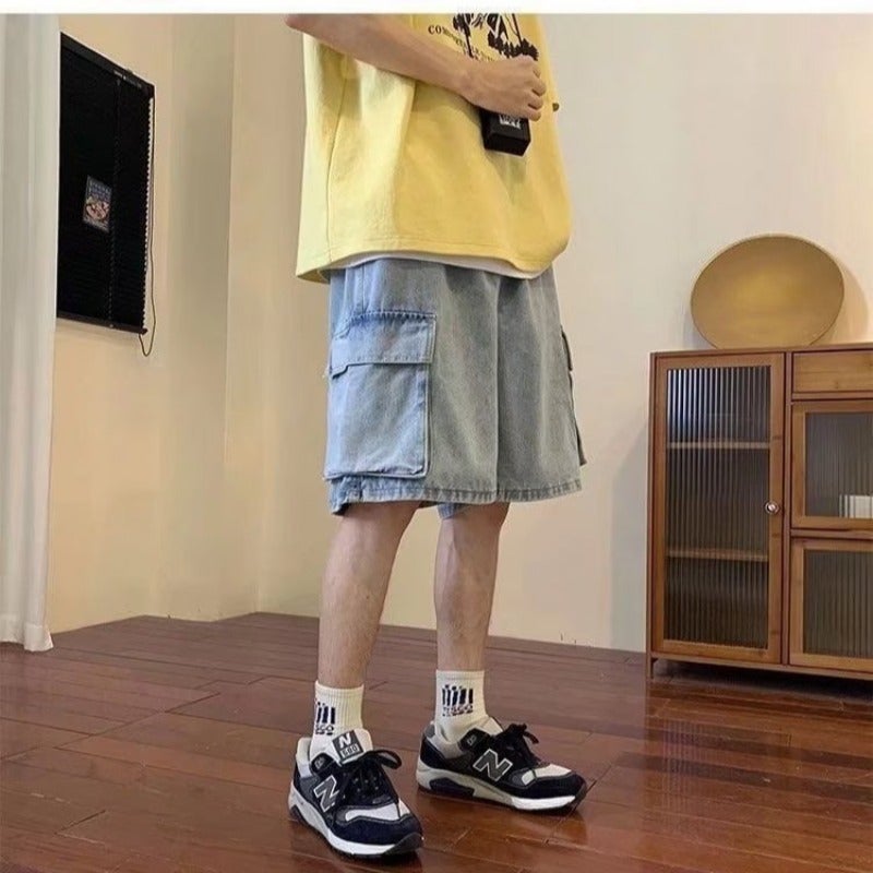 Blue Denim Shorts Men'S Summer Thin Hong Kong Wind Loose Pocket Washed Five Casual Pants Tide A Generation Of Hair - Image 5