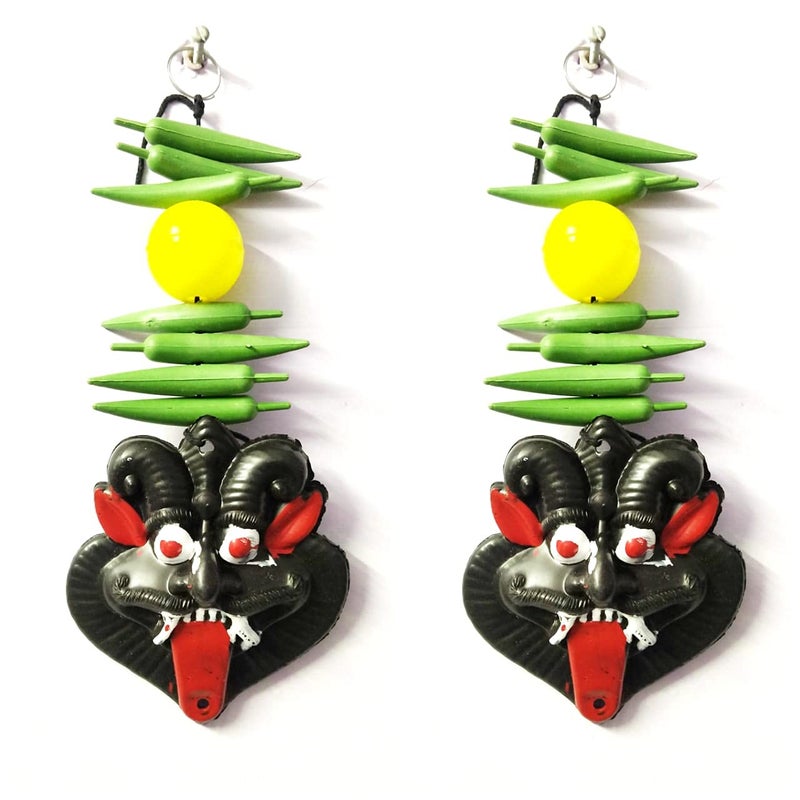 DRAVY HANDICRAFTS DRAVY HANDICRAFTS Nazar Battu Nimbu Mirchi Evil Eye Protector Mahakal Face Plastic Mask Wall Hanging Nazar Suraksha Kawach Drishti Kavach for House Entrance Office Shops Truck Set Of 2 Unit Size10X4 Inches 25X10 CM - Image 1