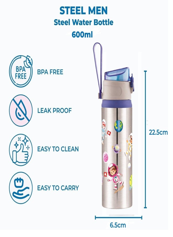 YUIOP - Steel Men 600ml Stainless Steel Water Bottle For Kids - Single Wall - Leak Proof, BPA Free (Dark Blue) - Image 2