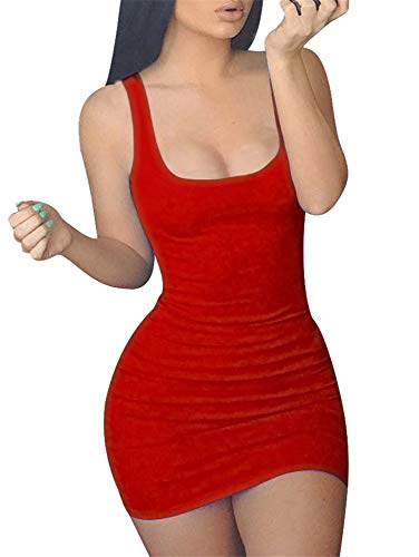 GOBLES Women's Casual Summer Sleeveless Mini Sexy Bodycon Tank Club Dress Red - Image 1