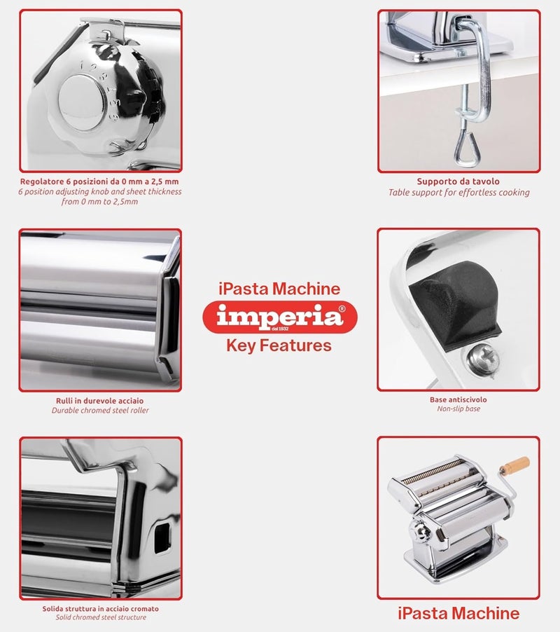 imperia آلة صنع المعكرونة - مصنوعة 100% في إيطاليا، هيكل فولاذي ثقيل، قرص قفل سهل، مقبض خشبي وفرشاة تنظيف - سباغيتي فريش إيطالية أو فettuccine أو لازانيا (خط كلاسيكي) - Image 5