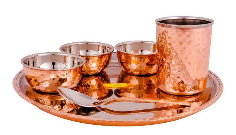 Shiv Shakti Arts® Stainless Steel Copper Dinner Thali Set, 6 Pieces - Luxury Hammer Design, Anarkali Dinner Set - Image 2