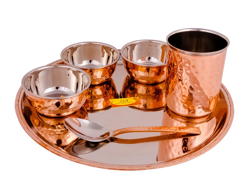 Shiv Shakti Arts® Stainless Steel Copper Dinner Thali Set, 6 Pieces - Luxury Hammer Design, Anarkali Dinner Set - Image 3