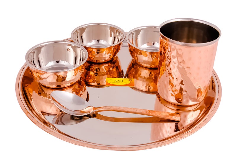Shiv Shakti Arts® Stainless Steel Copper Dinner Thali Set, 6 Pieces - Luxury Hammer Design, Anarkali Dinner Set - Image 1