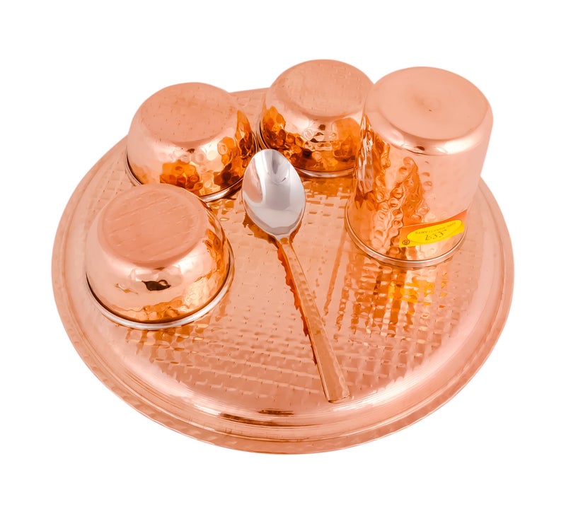 Shiv Shakti Arts® Stainless Steel Copper Dinner Thali Set, 6 Pieces - Luxury Hammer Design, Anarkali Dinner Set - Image 5