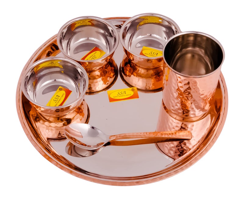 Shiv Shakti Arts® Stainless Steel Copper Dinner Thali Set, 6 Pieces - Luxury Hammer Design, Anarkali Dinner Set - Image 4