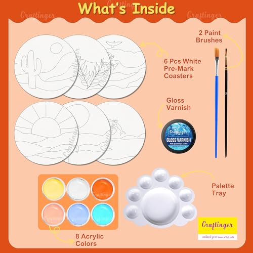 Craftinger Coaster Painting Kit for Kids | DIY Art & Craft Set with 6 Pre-Marked Coasters, Acrylic Colors, Brushes, Palette Tray & Gloss Varnish | Creative Painting Gift Box for Boys & Girls, Home, Office, Activity, Coloring Tea Cup Table Birthday Kitchen (Boho Desert) - Image 2