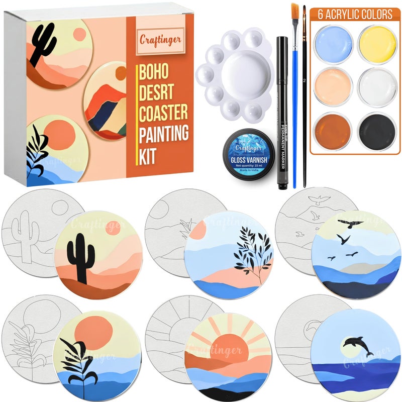 Craftinger Coaster Painting Kit for Kids | DIY Art & Craft Set with 6 Pre-Marked Coasters, Acrylic Colors, Brushes, Palette Tray & Gloss Varnish | Creative Painting Gift Box for Boys & Girls, Home, Office, Activity, Coloring Tea Cup Table Birthday Kitchen (Boho Desert) - Image 5