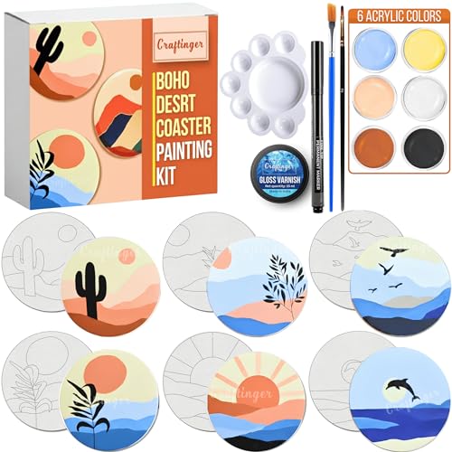 Craftinger Coaster Painting Kit for Kids | DIY Art & Craft Set with 6 Pre-Marked Coasters, Acrylic Colors, Brushes, Palette Tray & Gloss Varnish | Creative Painting Gift Box for Boys & Girls, Home, Office, Activity, Coloring Tea Cup Table Birthday Kitchen (Boho Desert) - Image 1
