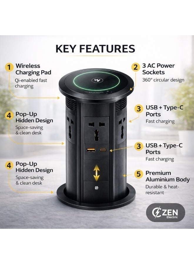 CZEN ELECTRIC Pop-Up Power Socket with Wireless Charger, Built-in Desk Power Hub, Qi Fast Charging Pad, AC Outlets, Hidden Table Installation for Office & Workspace - Image 2