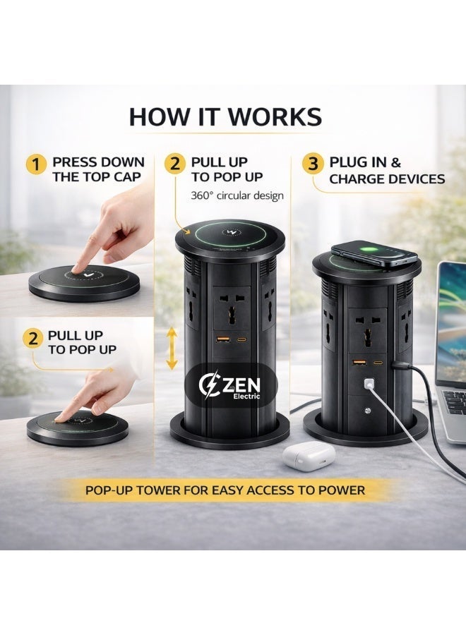 CZEN ELECTRIC Pop-Up Power Socket with Wireless Charger, Built-in Desk Power Hub, Qi Fast Charging Pad, AC Outlets, Hidden Table Installation for Office & Workspace - Image 3