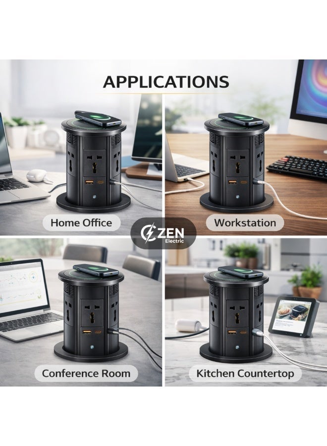 CZEN ELECTRIC Pop-Up Power Socket with Wireless Charger, Built-in Desk Power Hub, Qi Fast Charging Pad, AC Outlets, Hidden Table Installation for Office & Workspace - Image 4