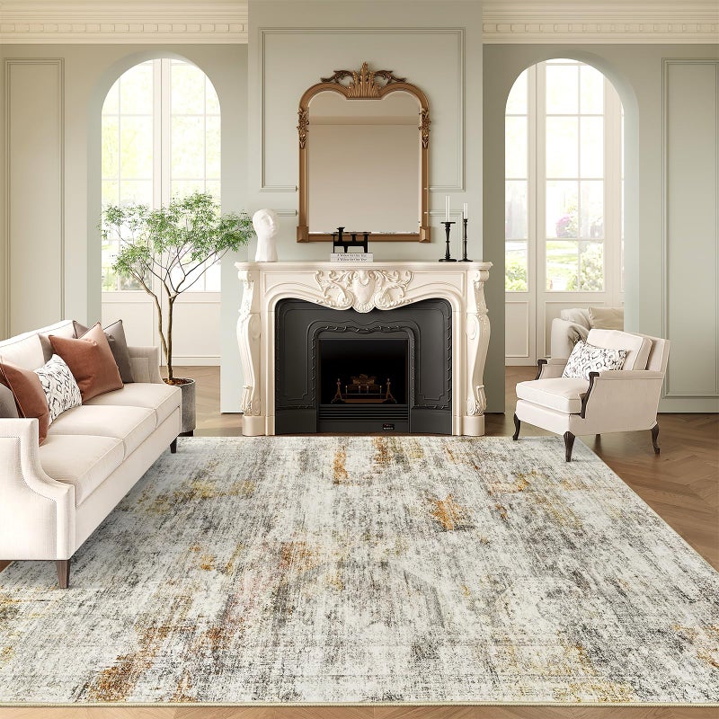 Soalmost Washable Area Rug 8x10, Large Soft Abstract Rugs for Living Room Vintage 8x10 Area Rugs for Bedroom Dining Room Non-Slip Stain Resistant Under Table Gray Rust Rug - Image 2