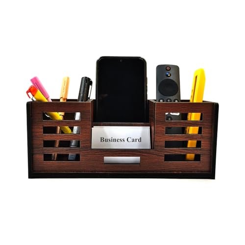 Woodkey Desk Organizer Pen stand With Visiting Card And Mobile Holder|Multipurpose Wooden Pen And Pencil Holder Stand For Office&Study Table, Desk Supplies Organisers 4 in 1 (Rolex Darkwood) - Image 1