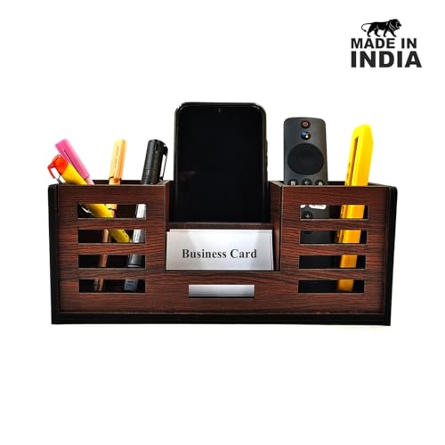 Woodkey Desk Organizer Pen stand With Visiting Card And Mobile Holder|Multipurpose Wooden Pen And Pencil Holder Stand For Office&Study Table, Desk Supplies Organisers 4 in 1 (Rolex Darkwood) - Image 2