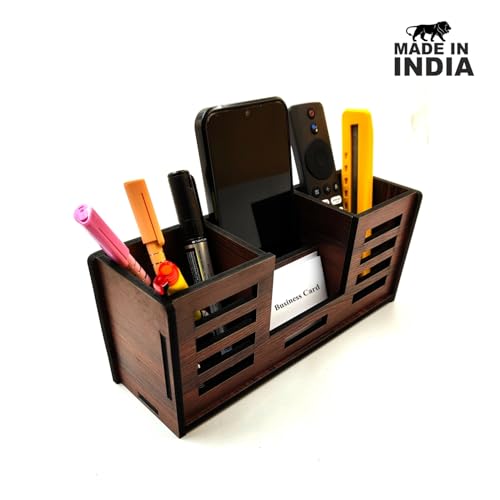 Woodkey Desk Organizer Pen stand With Visiting Card And Mobile Holder|Multipurpose Wooden Pen And Pencil Holder Stand For Office&Study Table, Desk Supplies Organisers 4 in 1 (Rolex Darkwood) - Image 3