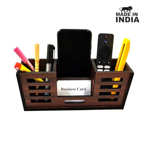 Woodkey Desk Organizer Pen stand With Visiting Card And Mobile Holder|Multipurpose Wooden Pen And Pencil Holder Stand For Office&Study Table, Desk Supplies Organisers 4 in 1 (Rolex Darkwood) - Image 4