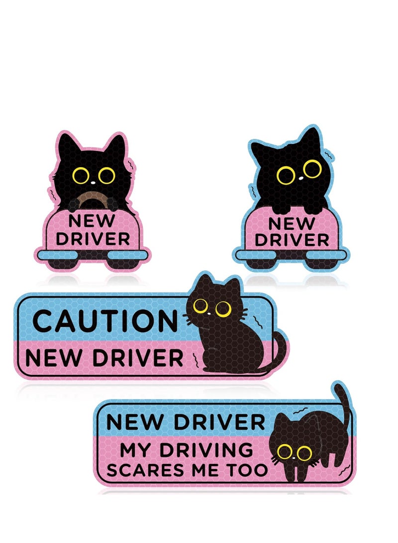 4pcs Black Cat New Driver Car Magnet, Cute Shivering Cat Reflective Student Driver Sign for Car Bumper, Cartoon Nervous Kitty Caution New Driver Reusable Magnet Sticker for Bumper Safety Sign - Image 1