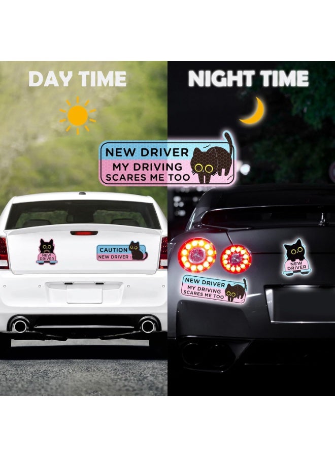4pcs Black Cat New Driver Car Magnet, Cute Shivering Cat Reflective Student Driver Sign for Car Bumper, Cartoon Nervous Kitty Caution New Driver Reusable Magnet Sticker for Bumper Safety Sign - Image 4