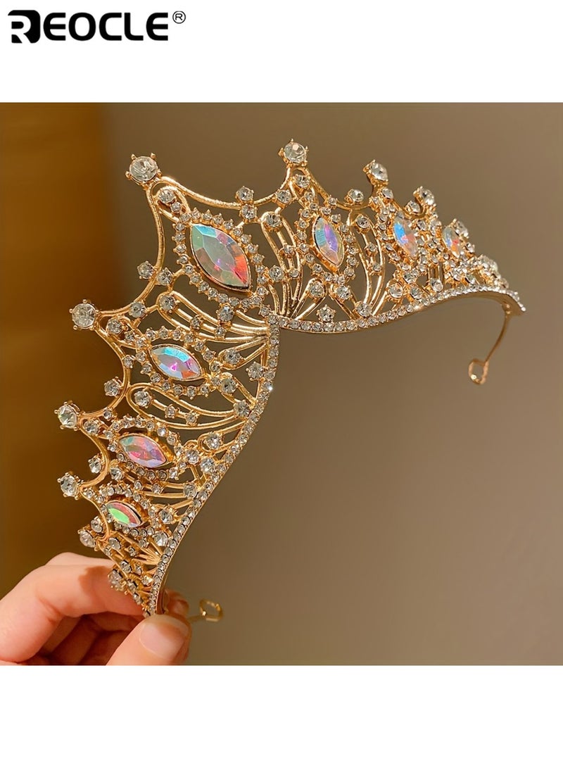 REOCLE Girl's Adjustable Crown Headband with Sparkling Gemstones Princess Party Headpiece with Elastic Band for Birthday Wedding Photo Shoot - Image 3