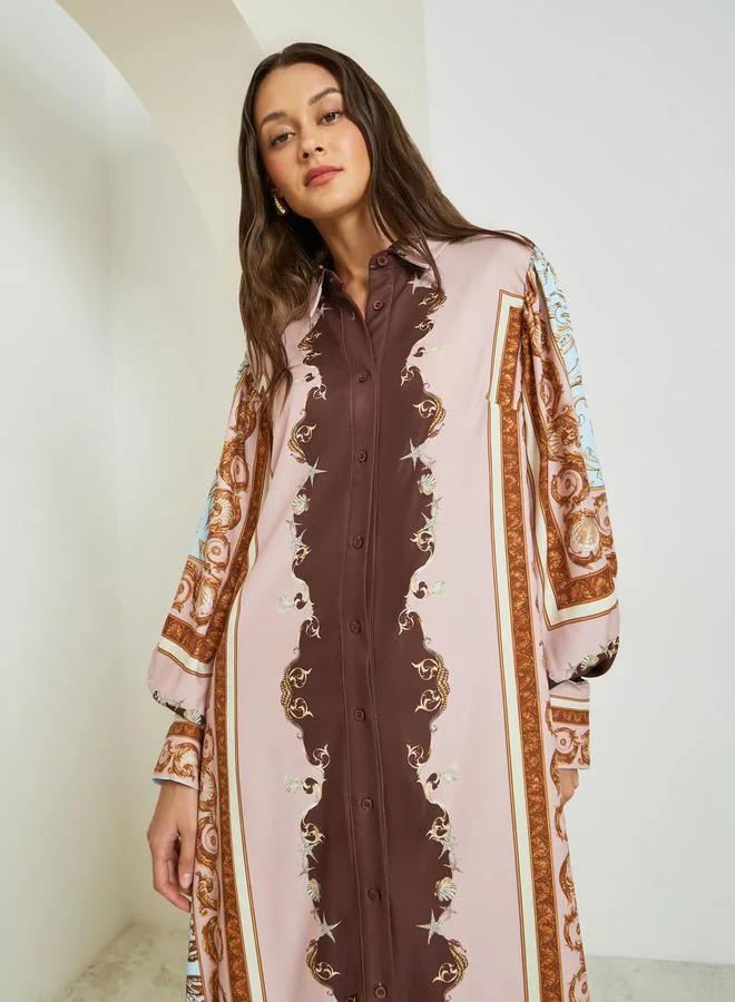 Styli Scarf Print Long Sleeves Shirt Maxi Dress