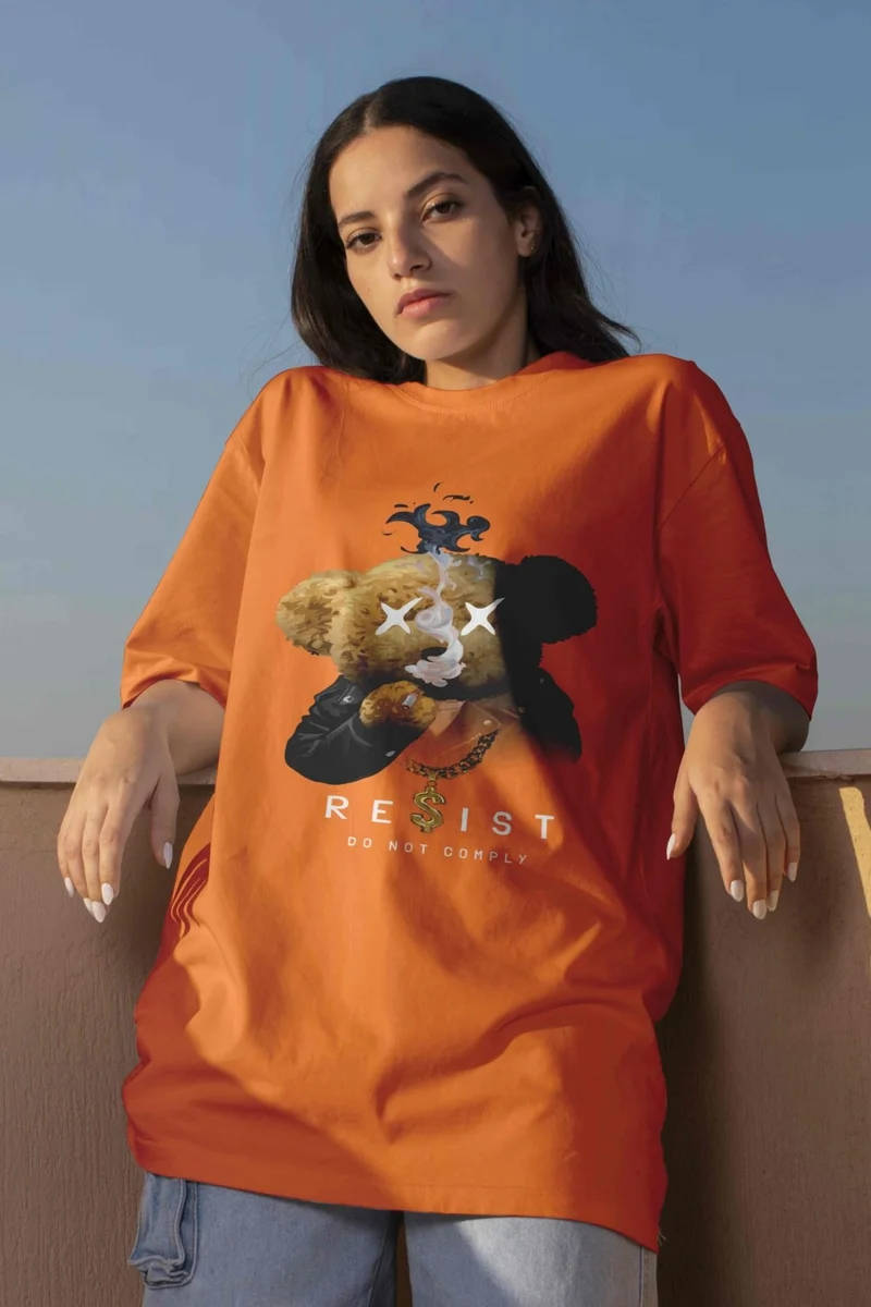 دوغ فش Printed Orange Oversize Unisex Tshirt