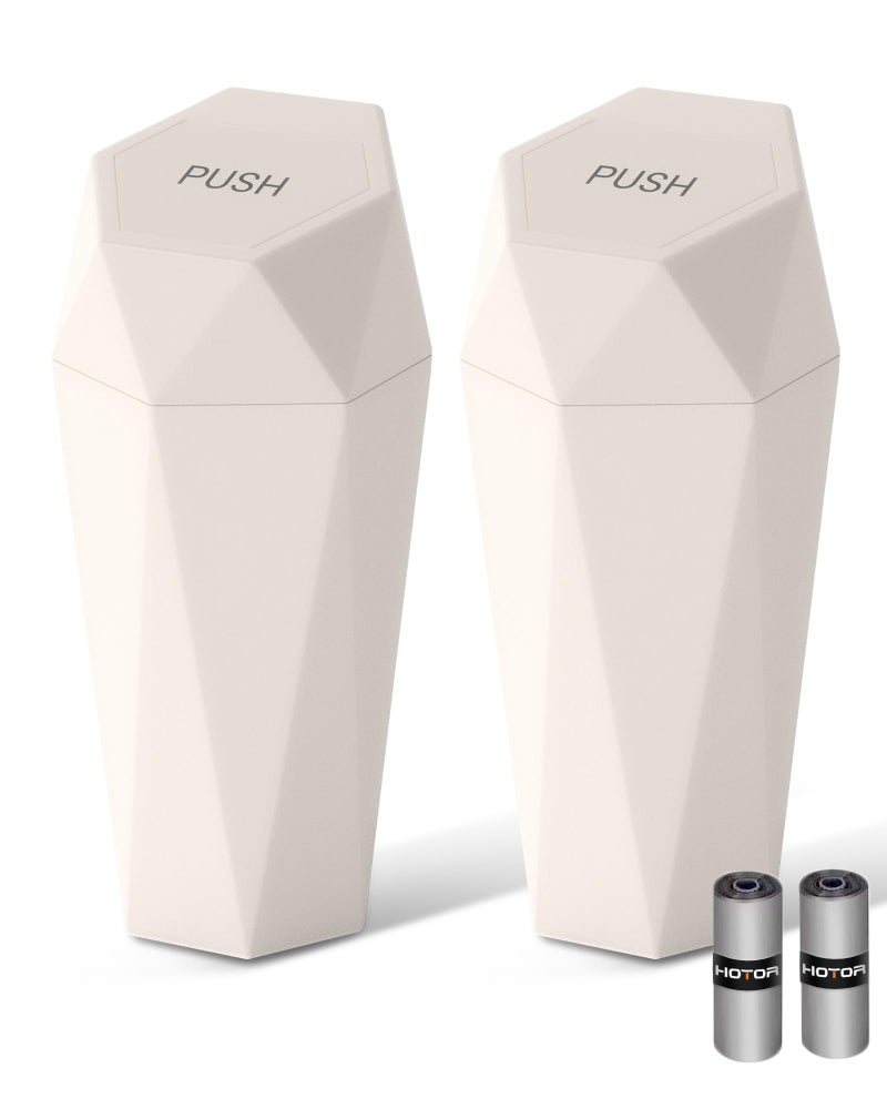 HOTOR Car Trash Can with Lid - 2 Pack, Car Accessories for Interior, Leakproof Vehicle Garbage Can with 30 Attached Trash Bags, Multipurpose Organizers and Storage for Home, Office, Beige