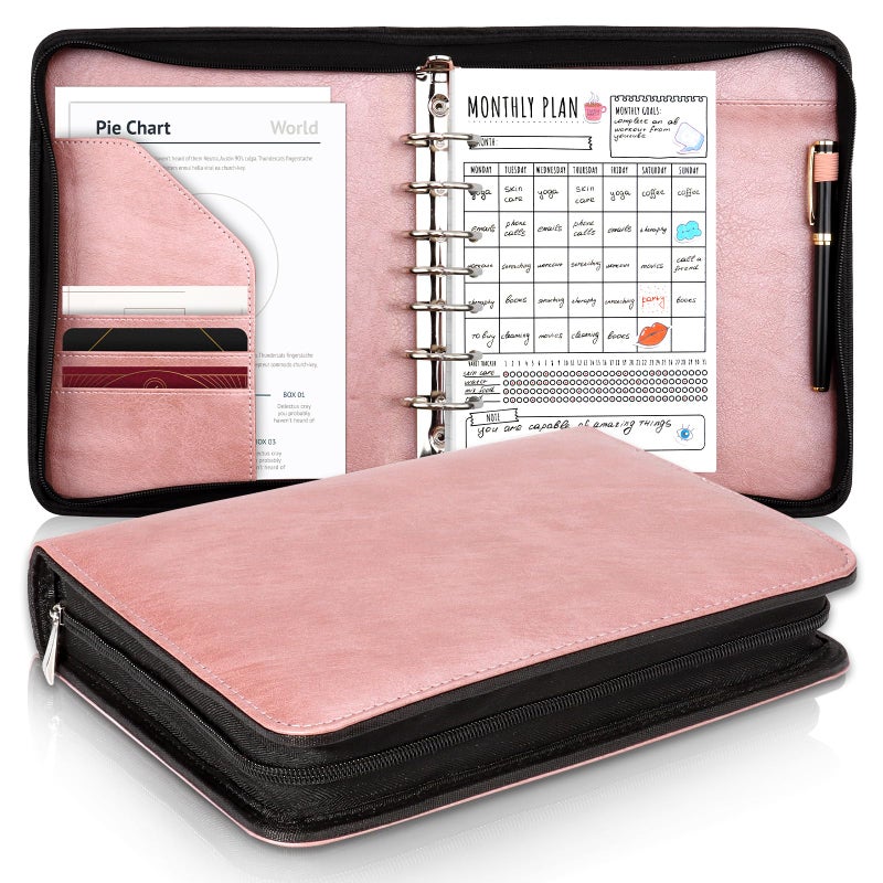 SKLENICE PU Leather 7 Ring Planner Binder fits 5.5"Ã—8.5" Paper Zipper Journal Binder Organizer 8"Ã—10.5" Desk Size 7-Ring Zippered Padfolio Refillable Planner Binder for A5 Inserts School Office - Image 1