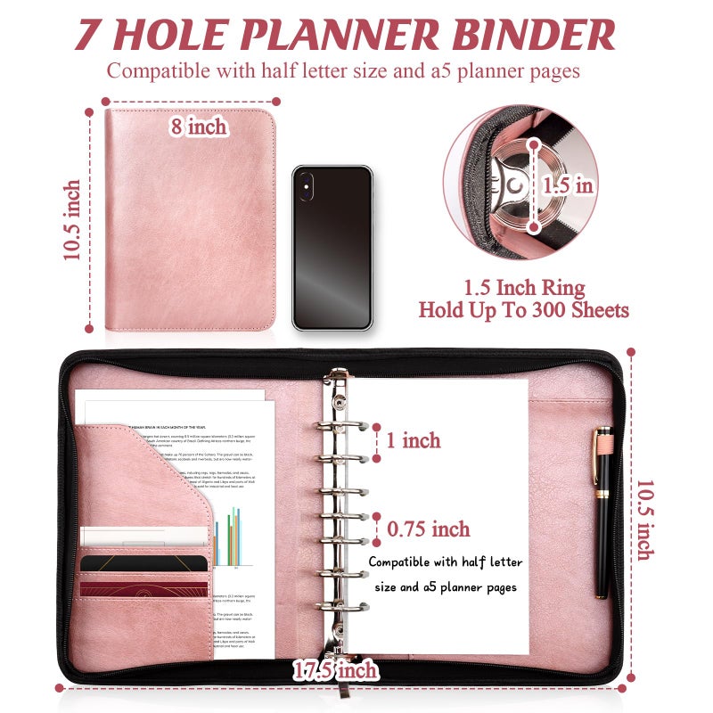 SKLENICE PU Leather 7 Ring Planner Binder fits 5.5"Ã—8.5" Paper Zipper Journal Binder Organizer 8"Ã—10.5" Desk Size 7-Ring Zippered Padfolio Refillable Planner Binder for A5 Inserts School Office - Image 2