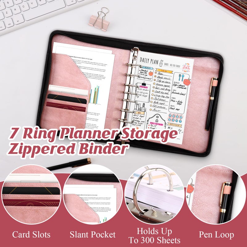 SKLENICE PU Leather 7 Ring Planner Binder fits 5.5"Ã—8.5" Paper Zipper Journal Binder Organizer 8"Ã—10.5" Desk Size 7-Ring Zippered Padfolio Refillable Planner Binder for A5 Inserts School Office - Image 4