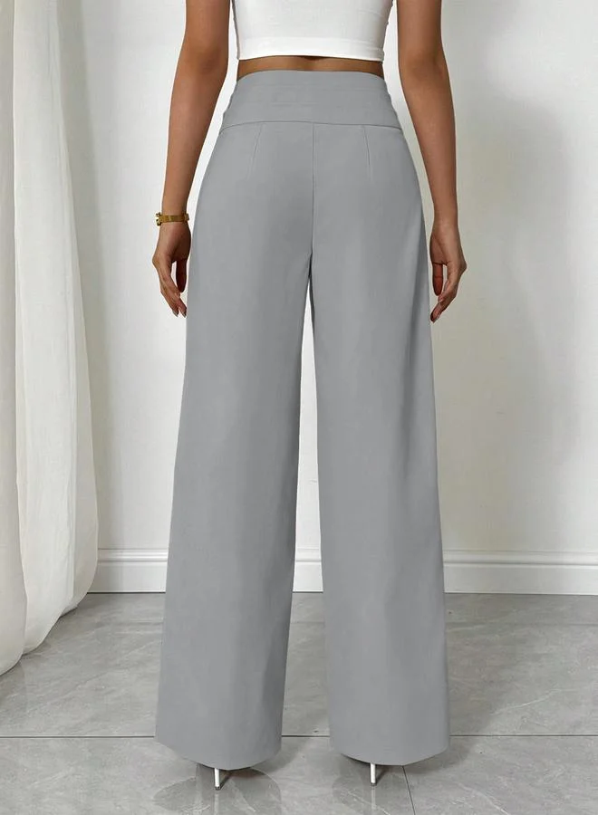 Take Two Grey Button Detail Wide Leg Trousers
