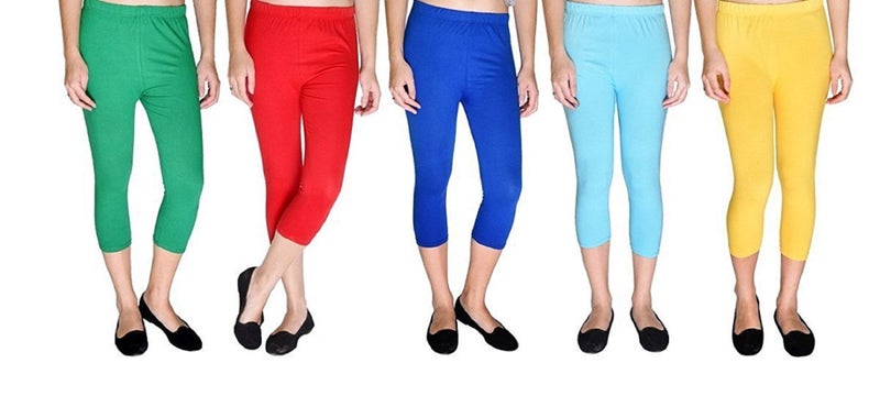 FEELBLUE Premium Cotton Strechable Women's Casual/Gym/Sports 3/4th Capri (Free Size) Combo Pack of 5 (PgreenRedRoyalFiroziYelow) - Image 1